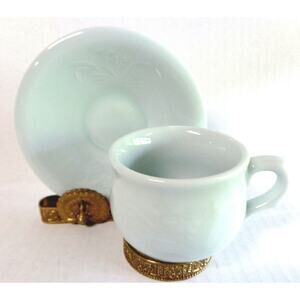 Asian Flower Green Heavy Jadeite TEA CUP & SAUCER Coffee Mug Set Raised Designs